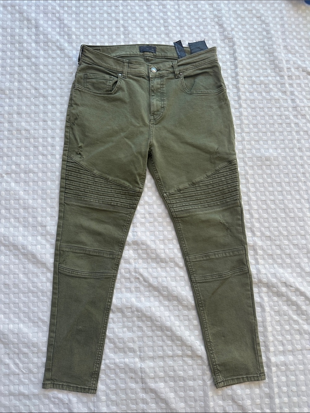 Zara Men's Olive Green Slim Moto Jeans Size 32